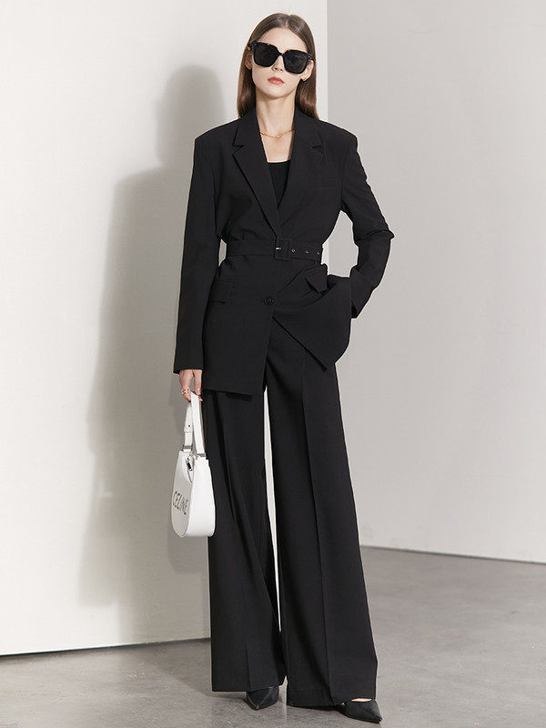 Amii Minimalistlik kevadine naiste ülikond pikkade varrukatega vööde bleisermantel vabaaja mood laia säärega püksid soliidne elegantne komplekt 12240123