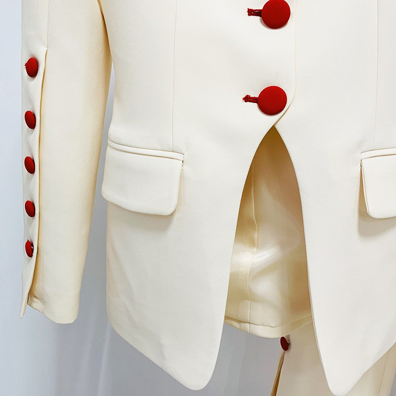 Two Piece Sets Blazer Παντελόνι Μπεζ Γυναικείο Γραφείο μονό στήθος, κόκκινο κουμπί Προσωποποιημένο ραπτικό Blazer Παντελόνι Επίσημο κοστούμι