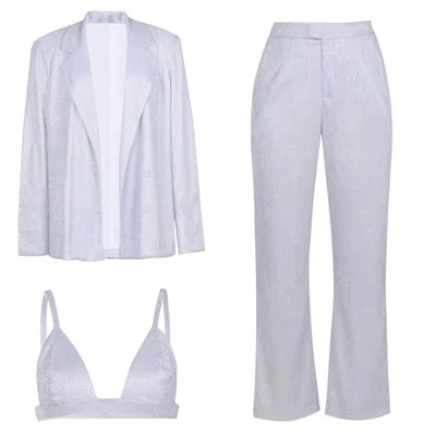 Φθινοπωρινό γυαλιστερό γυναικείο σακάκι εσώρουχα ίσιο παντελόνι High Street Διπλή σειρά στήθος Μπουφάν επίσημο κοστούμι παντελόνι 1 σετ (3 τμχ)