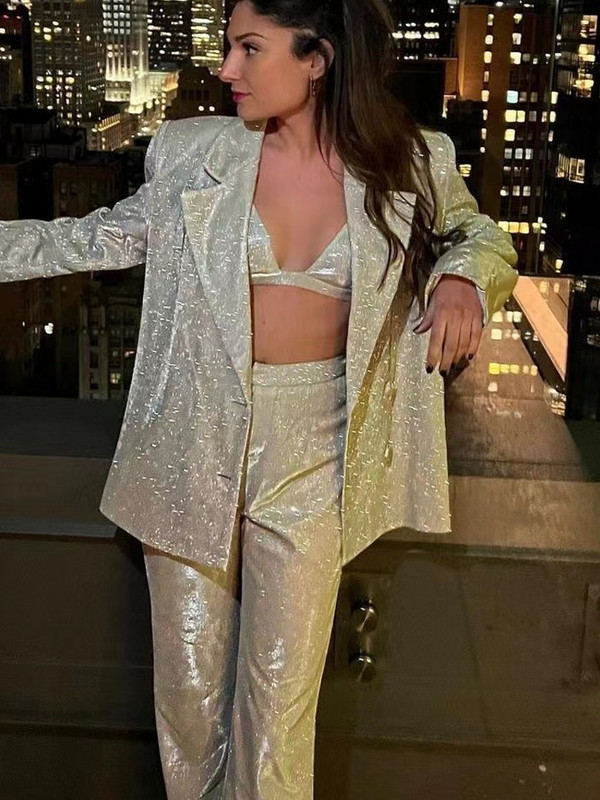 Φθινοπωρινό γυαλιστερό γυναικείο σακάκι εσώρουχα ίσιο παντελόνι High Street Διπλή σειρά στήθος Μπουφάν επίσημο κοστούμι παντελόνι 1 σετ (3 τμχ)