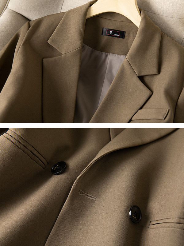 Kavano ružičasto crno žensko odijelo s hlačama Uredski ženski komplet od 2 komada Ženska poslovna radna odjeća Ravni sako i hlače s jednim gumbom