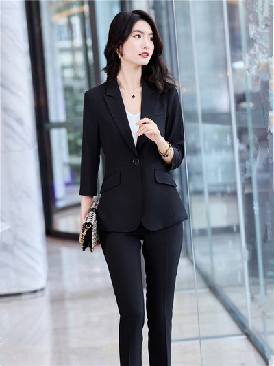 Γυναικείο κοστούμι γραφείου Fashion Blazer Κοστούμι παντελόνι απλό μονόχρωμο 2022 Άνοιξη Καλοκαίρι μισό μανίκι + Παντελόνι 2 τεμάχια Σετ μπλέιζερ