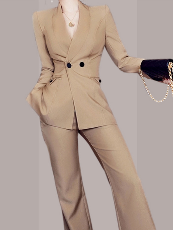 Korejski modni ženski poslovni odijelo s hlačama Formalni sako s dvostrukim kopčanjem i duge hlače Komplet od 2 komada Ženska gornja odjeća