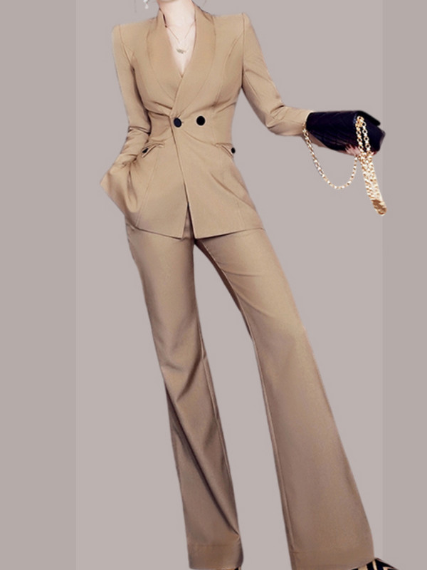 Korejski modni ženski poslovni odijelo s hlačama Formalni sako s dvostrukim kopčanjem i duge hlače Komplet od 2 komada Ženska gornja odjeća