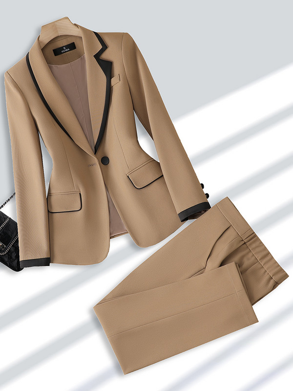 Melns Khaki 2 daļīgs komplekts, sieviešu bikškostīms, svinīgs sieviešu biroja darba apģērbs, žakete un bikses