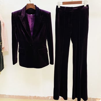 Velvet Blazer Παντελόνι Γυναικείο Σετ Μωβ Καφέ Φθινόπωρο 2021 Χειμώνας Νέο Σακάκι με ένα κουμπί + Παντελόνι Flare Γυναικείο κοστούμι γραφείου δύο τεμαχίων