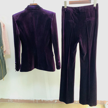 Velvet Blazer Παντελόνι Γυναικείο Σετ Μωβ Καφέ Φθινόπωρο 2021 Χειμώνας Νέο Σακάκι με ένα κουμπί + Παντελόνι Flare Γυναικείο κοστούμι γραφείου δύο τεμαχίων