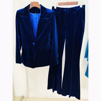 Velvet Blazer Παντελόνι Γυναικείο Σετ Μωβ Καφέ Φθινόπωρο 2021 Χειμώνας Νέο Σακάκι με ένα κουμπί + Παντελόνι Flare Γυναικείο κοστούμι γραφείου δύο τεμαχίων