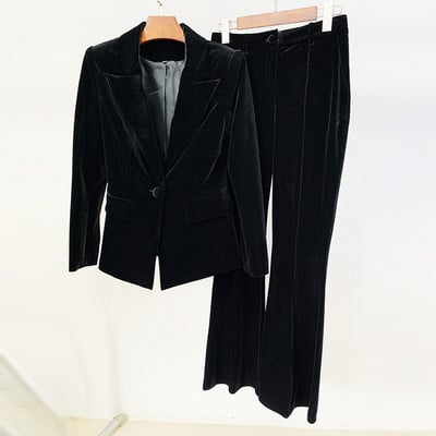 Velvet Blazer Παντελόνι Γυναικείο Σετ Μωβ Καφέ Φθινόπωρο 2021 Χειμώνας Νέο Σακάκι με ένα κουμπί + Παντελόνι Flare Γυναικείο κοστούμι γραφείου δύο τεμαχίων