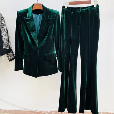 Velvet Blazer Παντελόνι Γυναικείο Σετ Μωβ Καφέ Φθινόπωρο 2021 Χειμώνας Νέο Σακάκι με ένα κουμπί + Παντελόνι Flare Γυναικείο κοστούμι γραφείου δύο τεμαχίων
