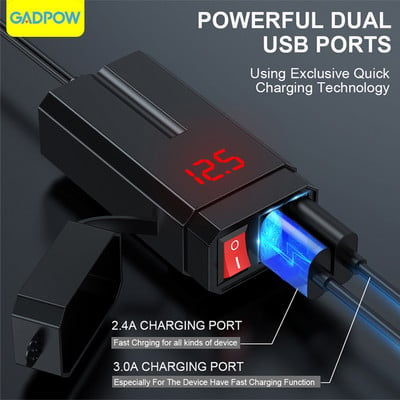 Priză USB pentru motocicletă Gadpow 12V QC3.0 Celulă Priză USB pentru motocicletă impermeabilă rapidă cu voltmetru Încărcător USB pentru motociclete