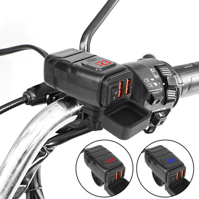 QC3.0 dvigubas USB motociklo įkroviklis, vandeniui atsparus greitas įkroviklis, transporto priemonėje montuojamas jungiklis, 12 V maitinimo šaltinio adapteris, motociklų priedai
