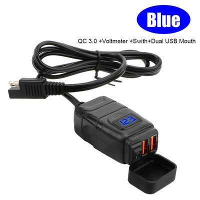 QC3.0 dvigubas USB motociklo įkroviklis, vandeniui atsparus greitas įkroviklis, transporto priemonėje montuojamas jungiklis, 12 V maitinimo šaltinio adapteris, motociklų priedai