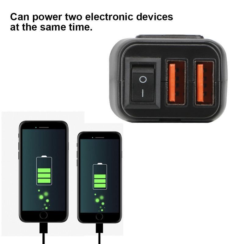 QC3.0 dvigubas USB motociklo įkroviklis, vandeniui atsparus greitas įkroviklis, transporto priemonėje montuojamas jungiklis, 12 V maitinimo šaltinio adapteris, motociklų priedai