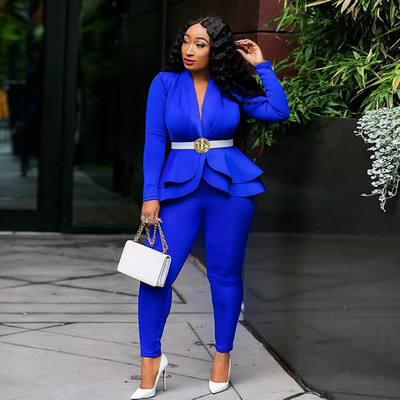 Bijeli blejzer 2-dijelni set Ženska zimska radna odjeća Punih rukava Sakoi s volanima Pencil Hlače Odijelo Dvodijelni set Uredska dama