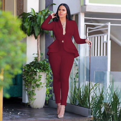 Bijeli blejzer 2-dijelni set Ženska zimska radna odjeća Punih rukava Sakoi s volanima Pencil Hlače Odijelo Dvodijelni set Uredska dama