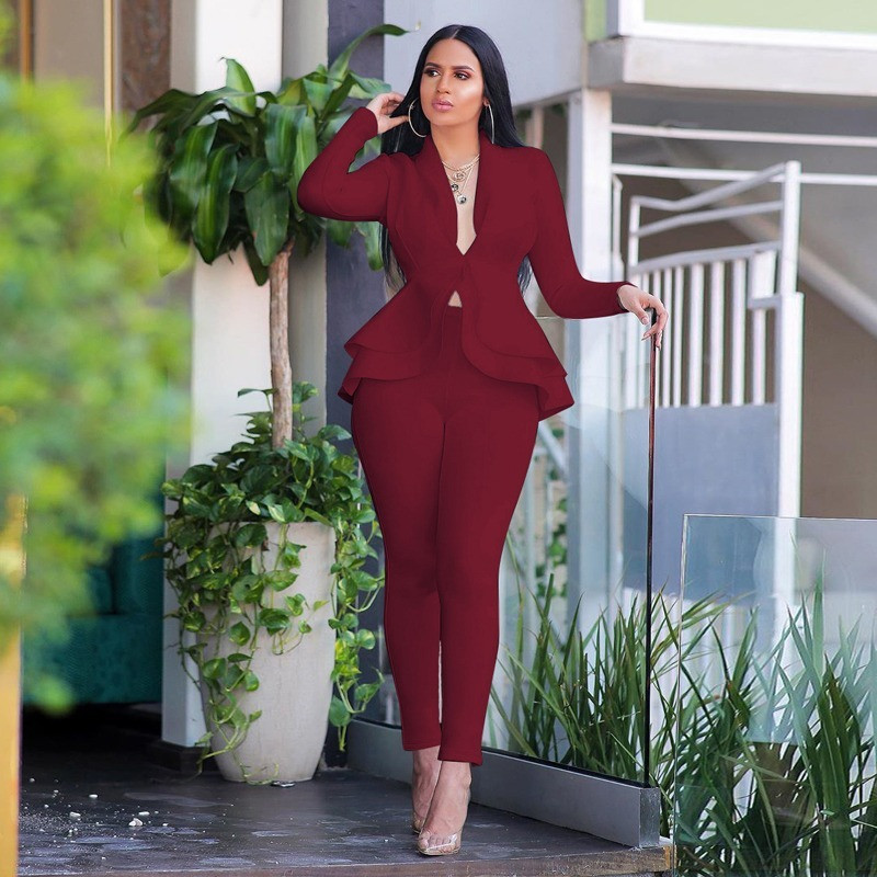 Bijeli blejzer 2-dijelni set Ženska zimska radna odjeća Punih rukava Sakoi s volanima Pencil Hlače Odijelo Dvodijelni set Uredska dama