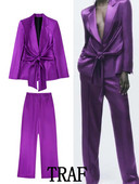 TRAF 2023 Woman 2 gabalu komplekti, modes bantīšu apdares žakešu mēteļu topi + satīna tekstūras garās bikses, kauzāli eleganti komplekti