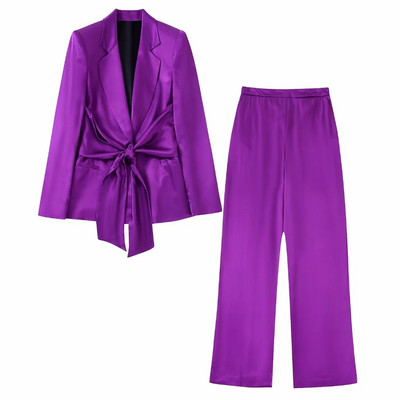 TRAF 2023 Woman 2 gabalu komplekti, modes bantīšu apdares žakešu mēteļu topi + satīna tekstūras garās bikses, kauzāli eleganti komplekti