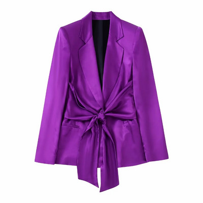 TRAF 2023 Woman 2 gabalu komplekti, modes bantīšu apdares žakešu mēteļu topi + satīna tekstūras garās bikses, kauzāli eleganti komplekti