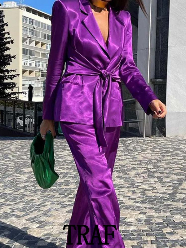 TRAF 2023 Woman 2 gabalu komplekti, modes bantīšu apdares žakešu mēteļu topi + satīna tekstūras garās bikses, kauzāli eleganti komplekti