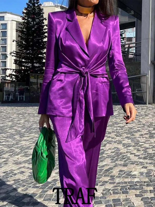 TRAF 2023 Woman 2 gabalu komplekti, modes bantīšu apdares žakešu mēteļu topi + satīna tekstūras garās bikses, kauzāli eleganti komplekti