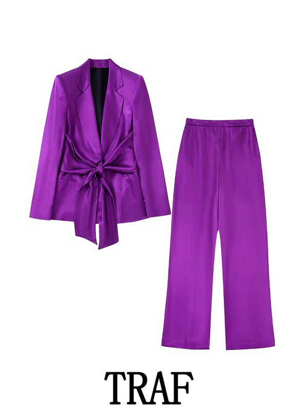 TRAF 2023 Woman 2 gabalu komplekti, modes bantīšu apdares žakešu mēteļu topi + satīna tekstūras garās bikses, kauzāli eleganti komplekti