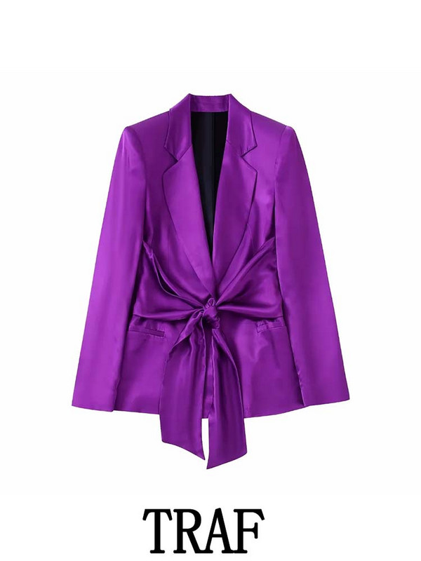 TRAF 2023 Woman 2 gabalu komplekti, modes bantīšu apdares žakešu mēteļu topi + satīna tekstūras garās bikses, kauzāli eleganti komplekti