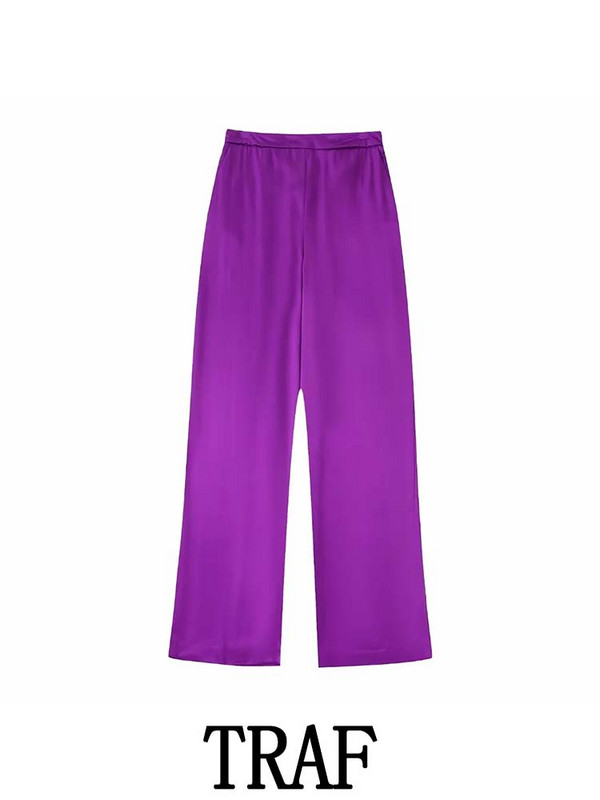 TRAF 2023 Woman 2 gabalu komplekti, modes bantīšu apdares žakešu mēteļu topi + satīna tekstūras garās bikses, kauzāli eleganti komplekti