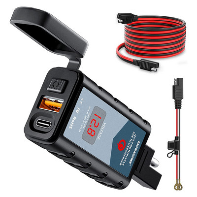 Extractme 6.8A QC3.0 dvigubas USB motociklo įkroviklis, vandeniui atsparus 12 V maitinimo adapteris su jungiklio voltmetro lizdu, motociklo priedu