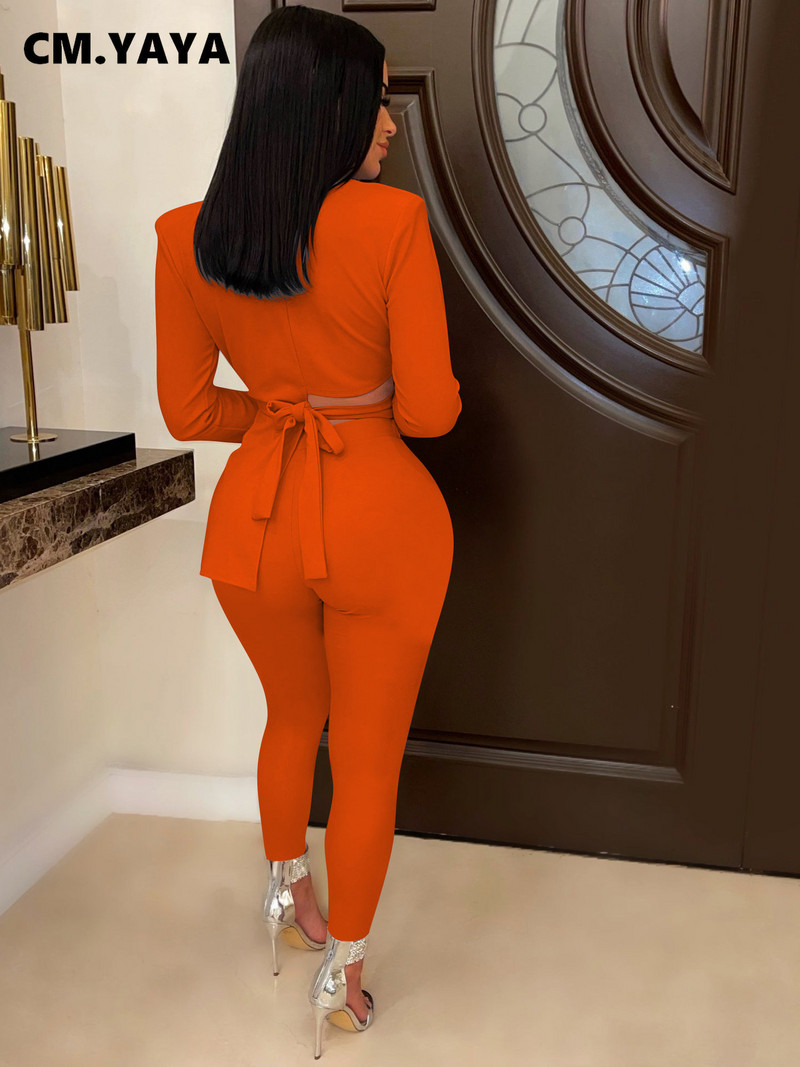 CM.YAYA Femei Dantela Spate Costum și Pantaloni Blazer Asimetric OL Street Vintage Sexy Party Două 2 Piese Set Tinuta Trening Moda