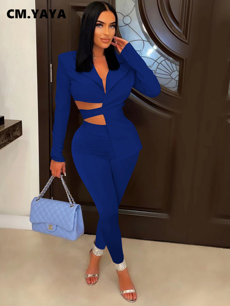 CM.YAYA Femei Dantela Spate Costum și Pantaloni Blazer Asimetric OL Street Vintage Sexy Party Două 2 Piese Set Tinuta Trening Moda
