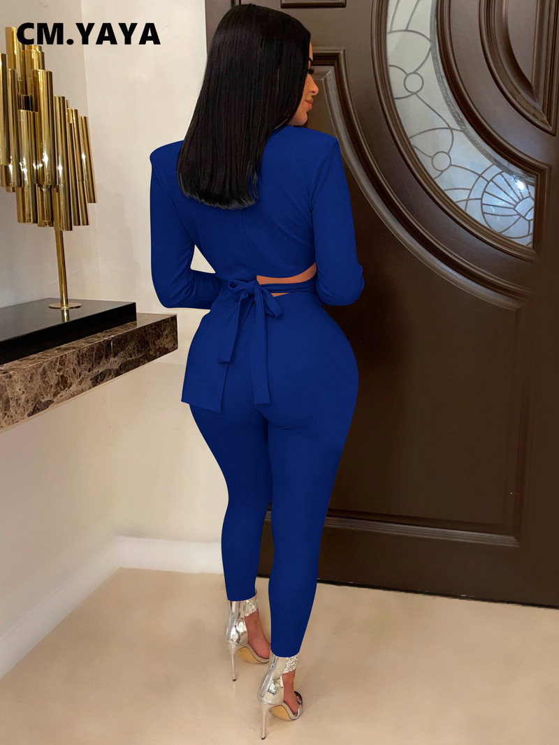 CM.YAYA Femei Dantela Spate Costum și Pantaloni Blazer Asimetric OL Street Vintage Sexy Party Două 2 Piese Set Tinuta Trening Moda