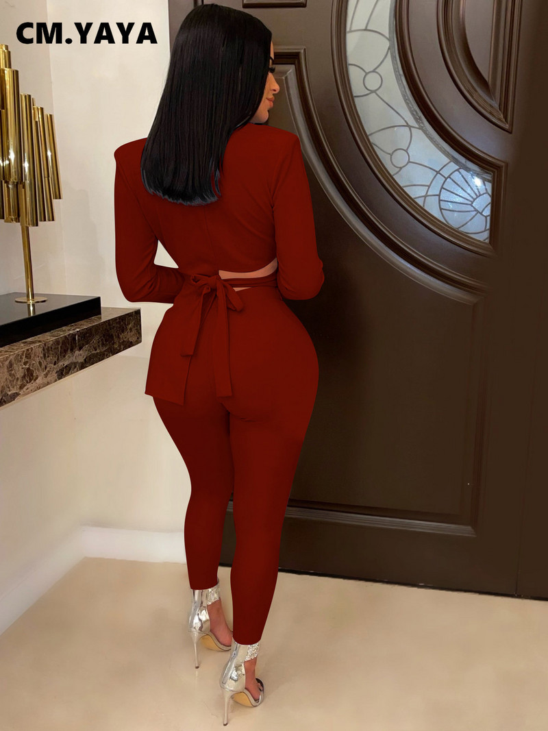 CM.YAYA Femei Dantela Spate Costum și Pantaloni Blazer Asimetric OL Street Vintage Sexy Party Două 2 Piese Set Tinuta Trening Moda