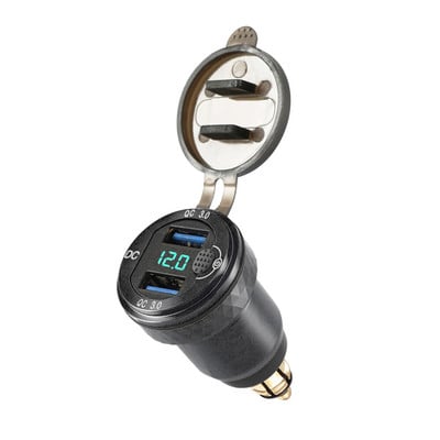 DIN „Hella“ kištukas prie greito įkrovimo 3.0 dvigubo USB įkroviklio adapterio, aliuminio su voltmetro jungikliu, skirtas BMW Triumph Tiger Ducati