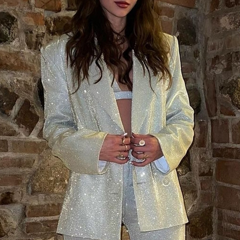 2022. aasta särav pikkade varrukatega mood naiste bleiser, vaba vabaaja Y2K peorõivad, elegantsed ametlikud hõbedased vintage ülikonnad