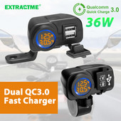 Extractme QC3.0 Încărcător dublu USB pentru motociclete Încărcare rapidă Voltmetru Termometru Afișaj digital 36W Priză încărcător pentru telefon mobil