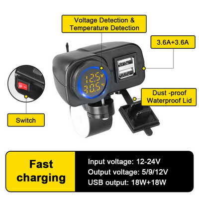 Extractme QC3.0 Încărcător dublu USB pentru motociclete Încărcare rapidă Voltmetru Termometru Afișaj digital 36W Priză încărcător pentru telefon mobil