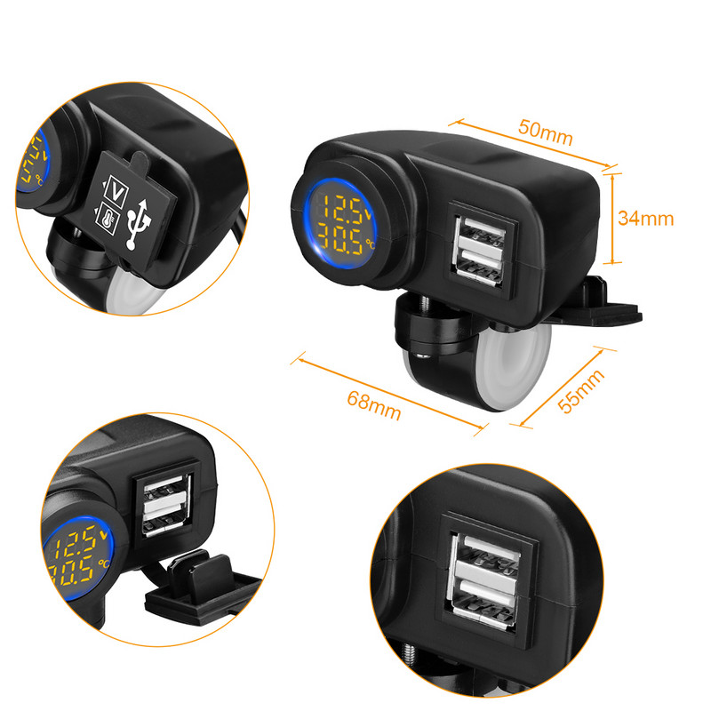 Extractme QC3.0 Μοτοσικλέτα διπλού φορτιστή USB Γρήγορης φόρτισης Βολτόμετρο Θερμόμετρο Ψηφιακή οθόνη 36W Υποδοχή φορτιστή κινητού τηλεφώνου