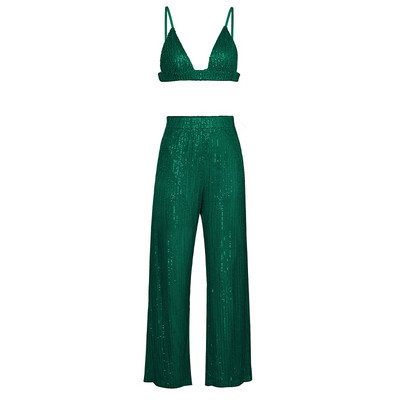 Costume de damă cu paiete verzi cu pantaloni, pentru petrecere, la modă strălucitoare, pentru femei, seturi de 3 piese, seturi de îmbrăcăminte unice, sutien roz sexy pentru femei 2022