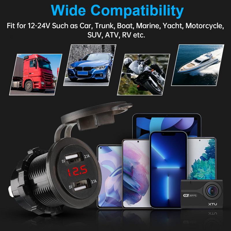 12V/24V mootorratta USB-laadija 4,2A kahekordne USB sigarisüütaja mootorrattalaadija sigaretisüütaja pesa auto mootorrattale