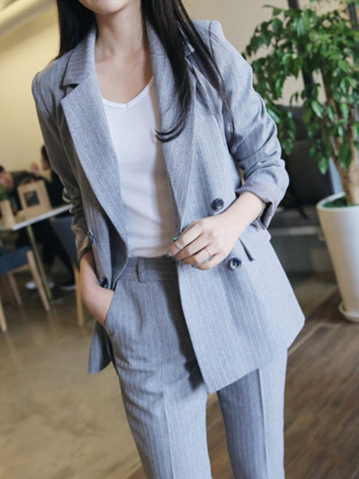 Sacou cu pantaloni elegante de primăvară pentru femei Jachetă cu dungi și pantaloni creion Set 2 piese Costum formal de afaceri pentru damă