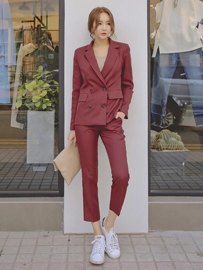 Sacou cu pantaloni elegante de primăvară pentru femei Jachetă cu dungi și pantaloni creion Set 2 piese Costum formal de afaceri pentru damă