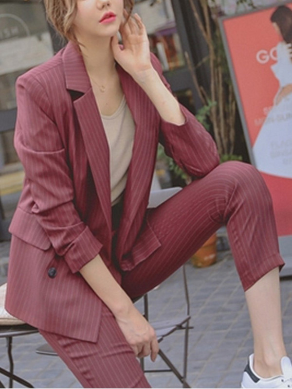 Sacou cu pantaloni elegante de primăvară pentru femei Jachetă cu dungi și pantaloni creion Set 2 piese Costum formal de afaceri pentru damă