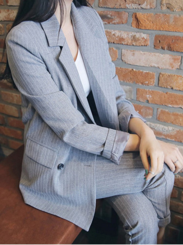 Sacou cu pantaloni elegante de primăvară pentru femei Jachetă cu dungi și pantaloni creion Set 2 piese Costum formal de afaceri pentru damă