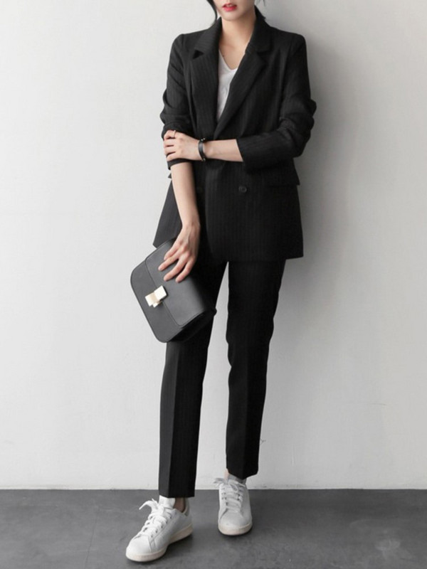 Sacou cu pantaloni elegante de primăvară pentru femei Jachetă cu dungi și pantaloni creion Set 2 piese Costum formal de afaceri pentru damă