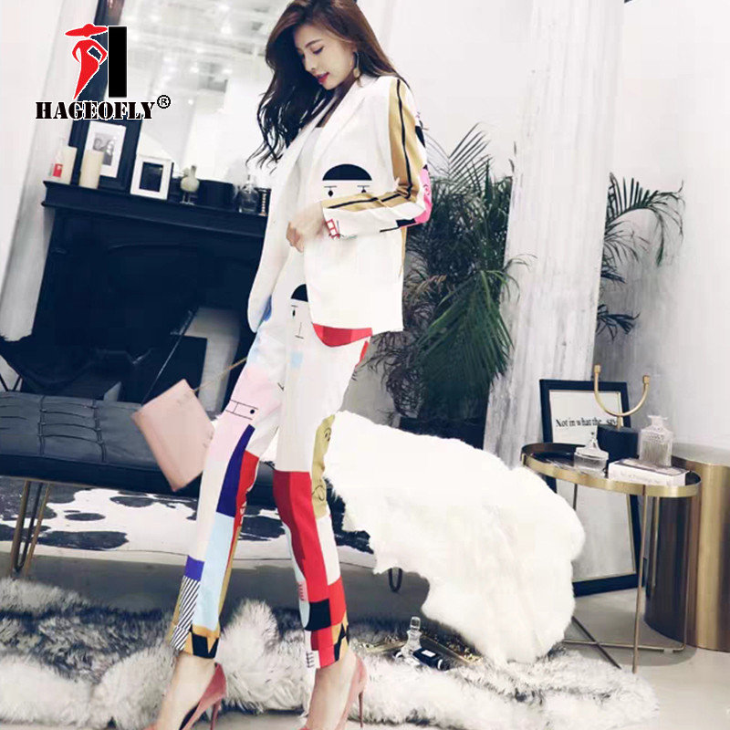 Nou designer de înaltă calitate Pista de aterizare Costum alb din două piese Jachetă cu un buton Blazere Picioare Pantaloni Artă abstractă Vopsit Costum Femei 2019