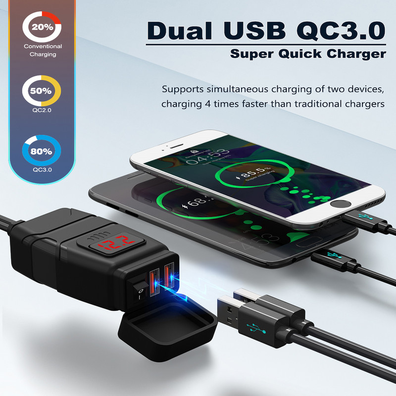 Powstation QC3.0 Încărcător USB pentru motociclete Încărcător rapid cu celule impermeabile Priză USB pentru autocicletă cu voltmetru Accesorii pentru motociclete