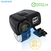 Φορτιστής μοτοσυκλέτας Ouspow 12V 36W QC3.0 Ψηφιακή οθόνη Διπλής USB Fast Charger Τηλεφώνου Βολτόμετρο Θερμόμετρο Υποδοχή φορτιστή τηλεφώνου