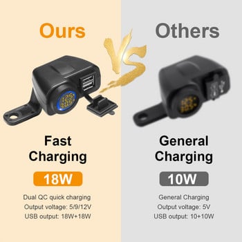 Ouspow Мотоциклетно зарядно устройство 12V 36W QC3.0 Цифров дисплей Двоен USB Телефон Бързо зарядно Волтметър Термометър Гнездо за зарядно устройство за телефон